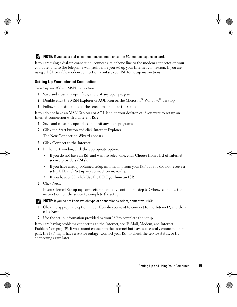 Setting up your internet connection | Dell XPS 400/Dimension 9150 User Manual | Page 15 / 148
