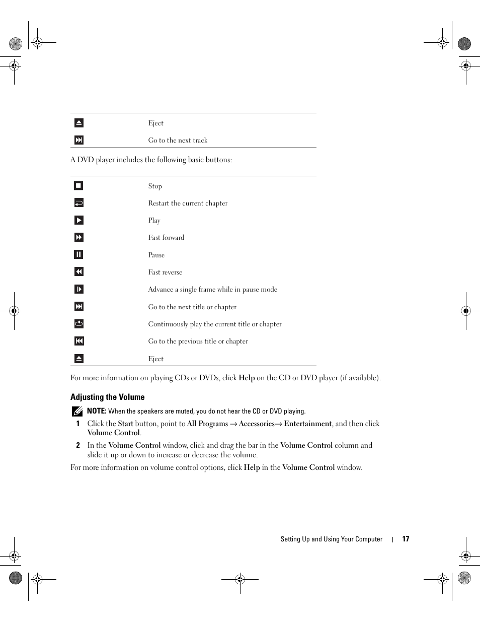 Adjusting the volume | Dell XPS 400/Dimension 9150 User Manual | Page 17 / 148