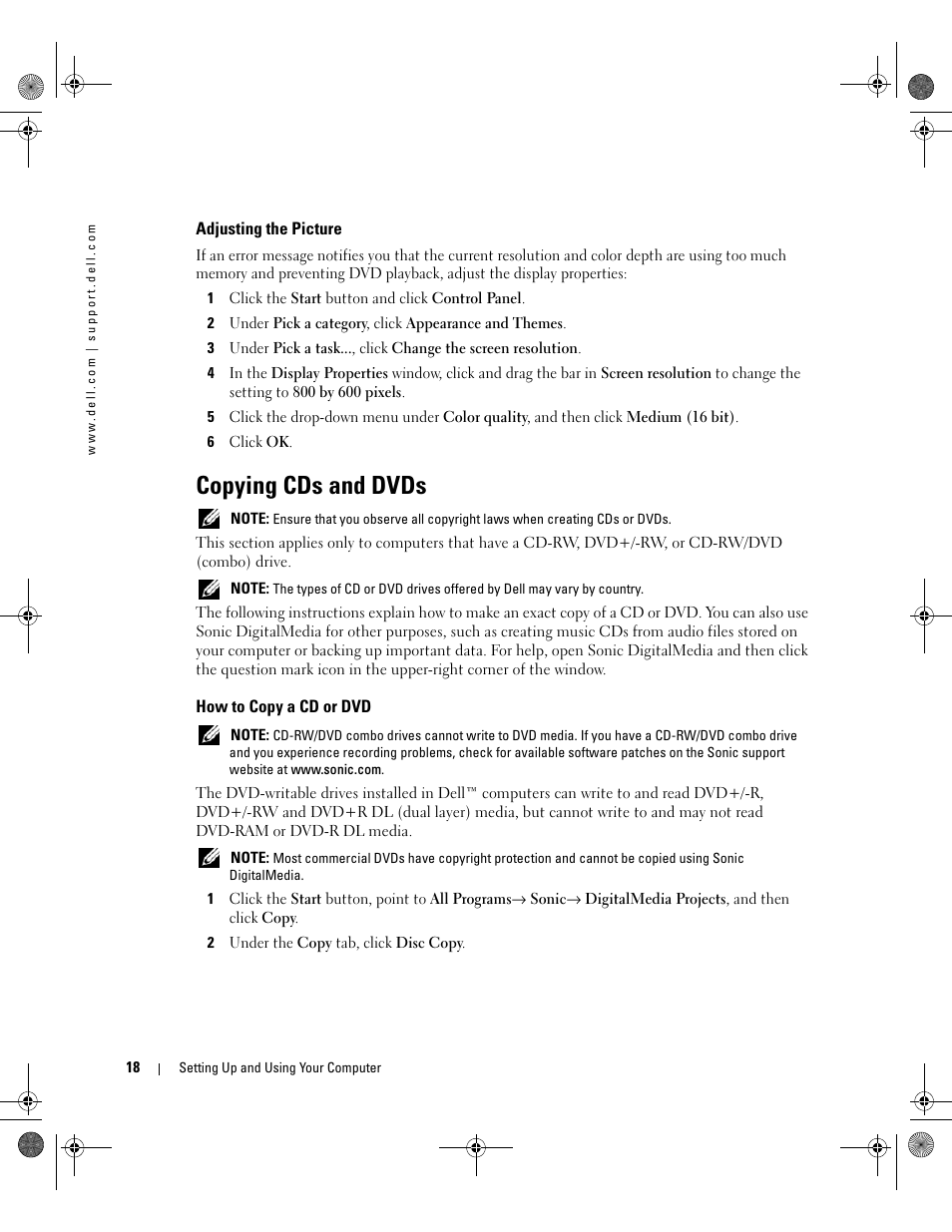 Adjusting the picture, Copying cds and dvds, How to copy a cd or dvd | Dell XPS 400/Dimension 9150 User Manual | Page 18 / 148