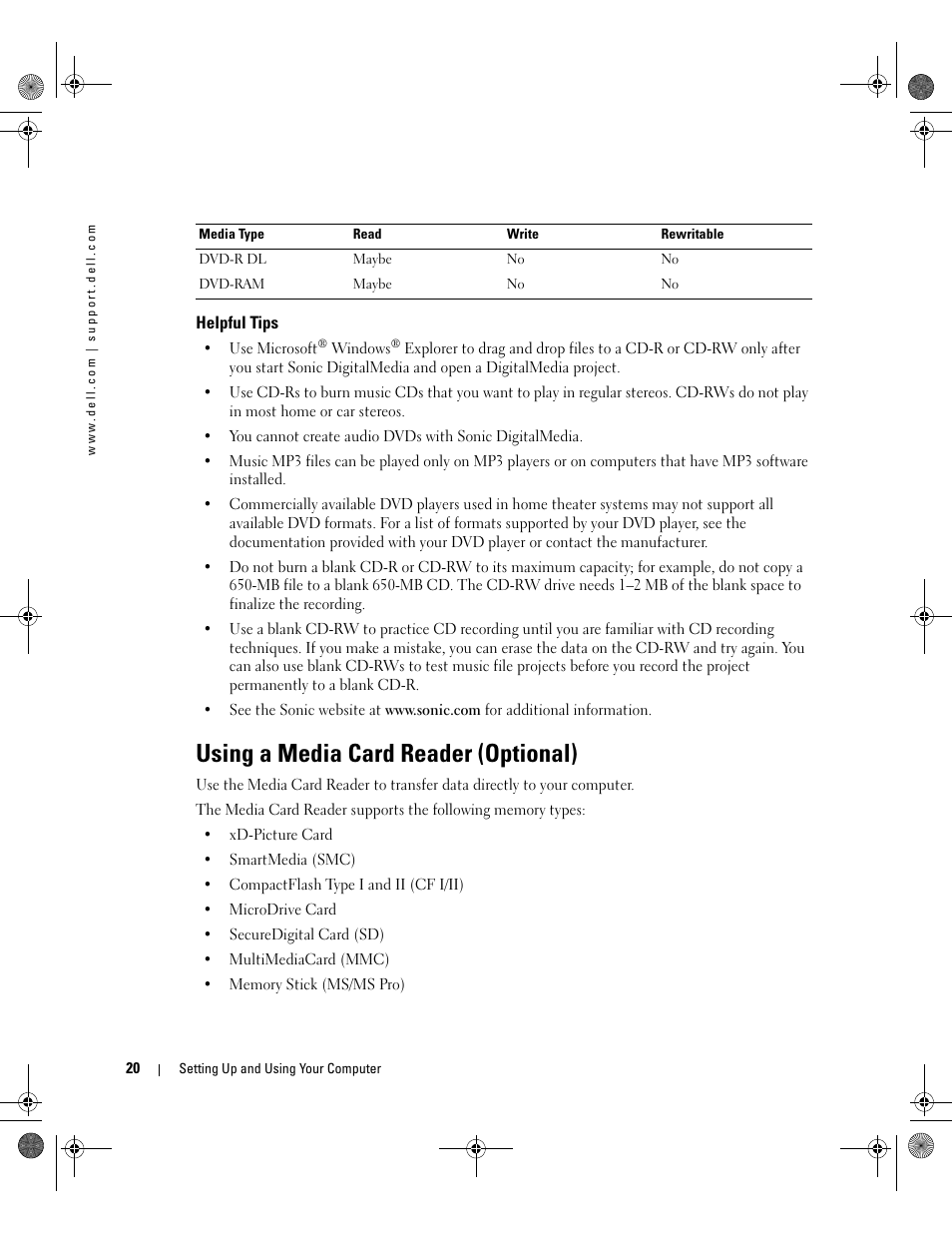 Helpful tips, Using a media card reader (optional) | Dell XPS 400/Dimension 9150 User Manual | Page 20 / 148