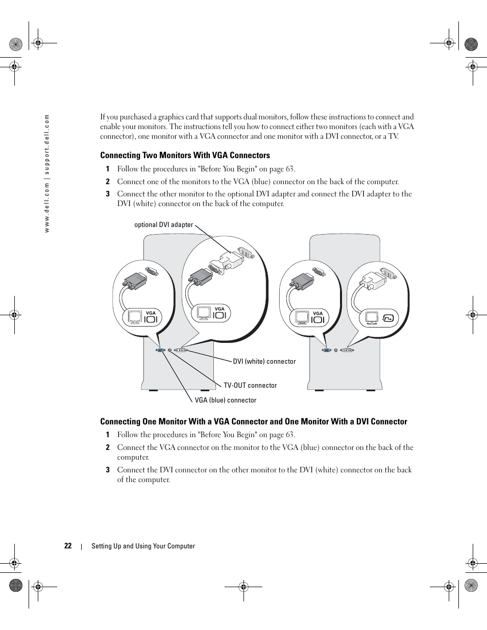 Connecting two monitors with vga connectors | Dell XPS 400/Dimension 9150 User Manual | Page 22 / 148
