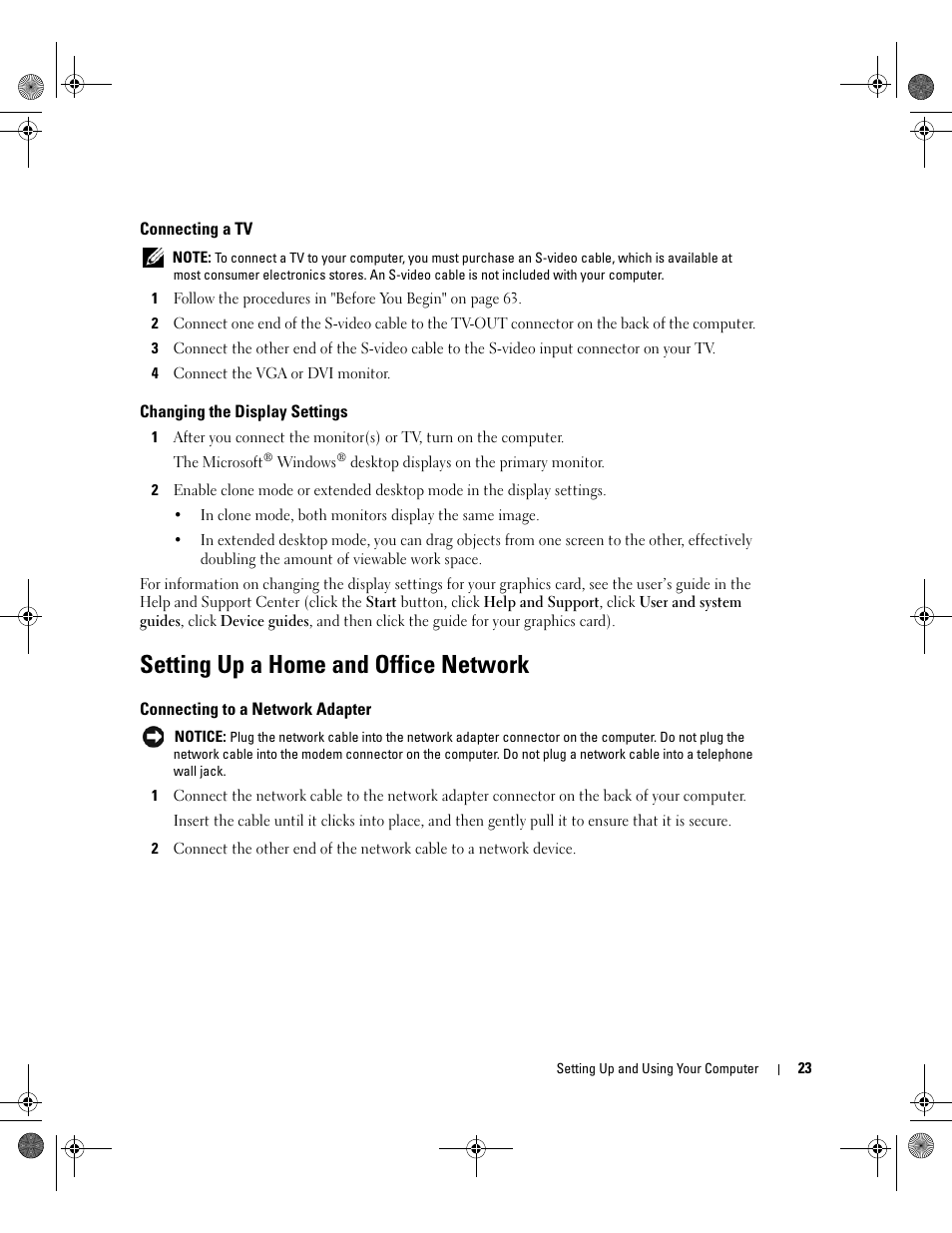 Connecting a tv, Changing the display settings, Setting up a home and office network | Connecting to a network adapter | Dell XPS 400/Dimension 9150 User Manual | Page 23 / 148