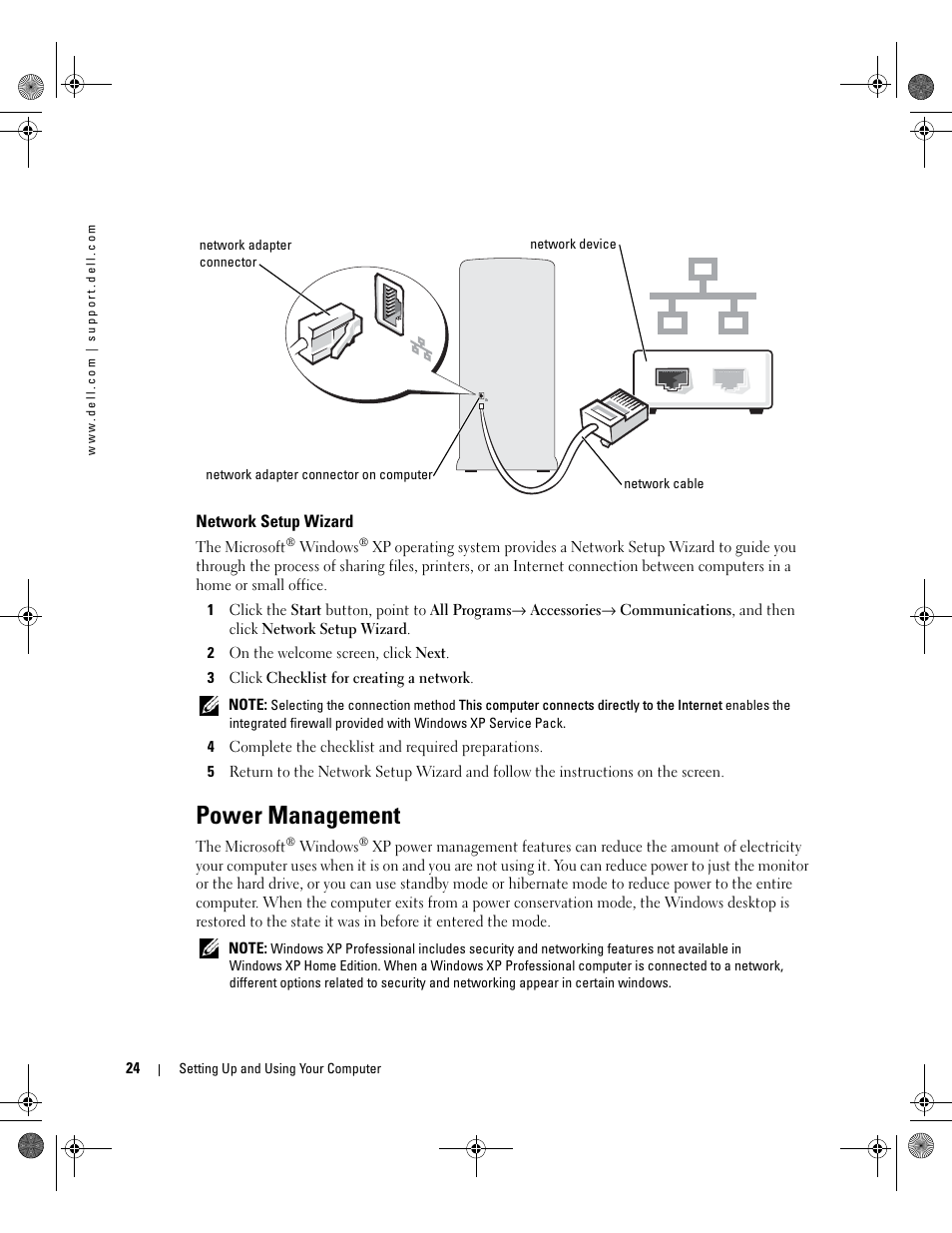 Network setup wizard, Power management | Dell XPS 400/Dimension 9150 User Manual | Page 24 / 148