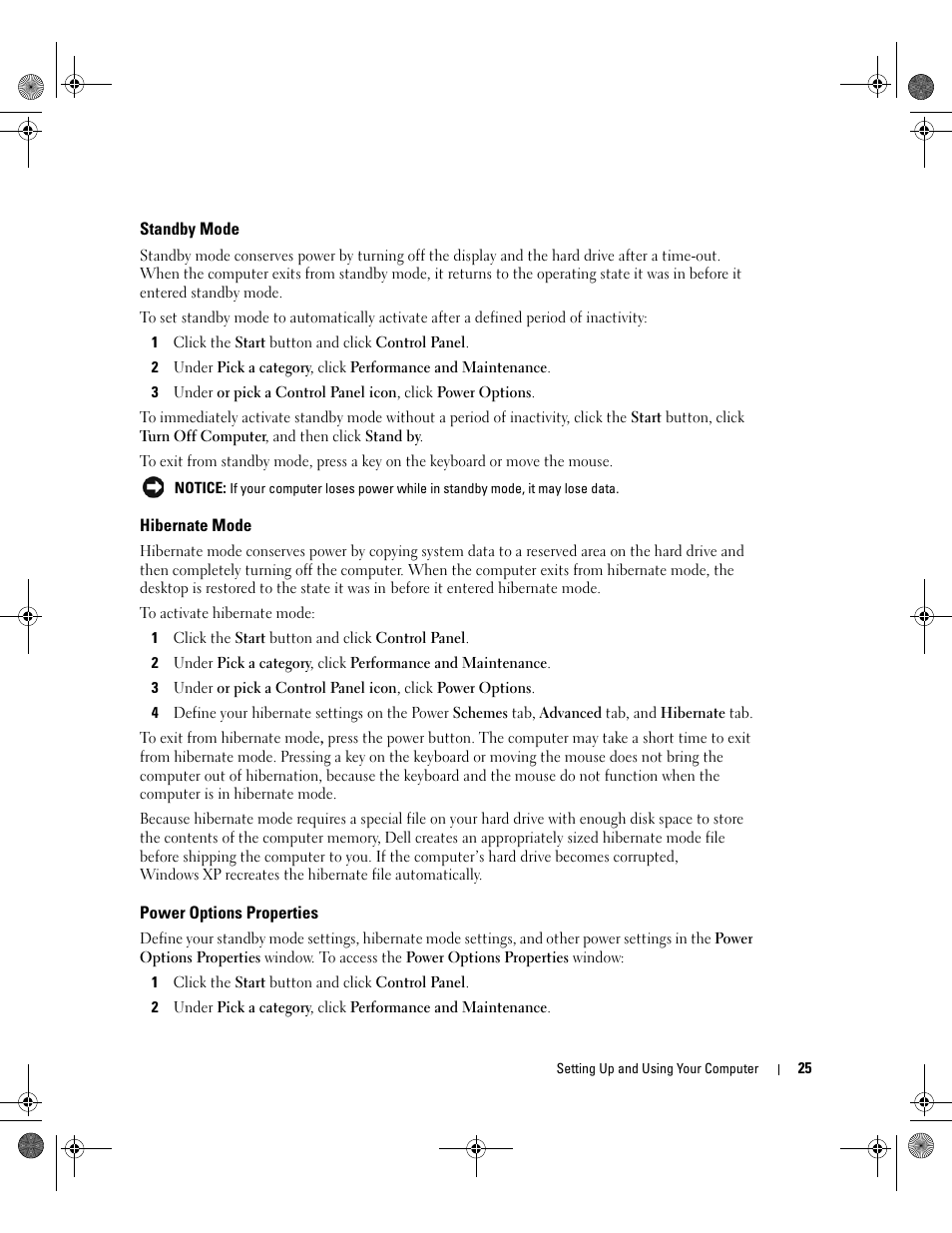 Standby mode, Hibernate mode, Power options properties | Dell XPS 400/Dimension 9150 User Manual | Page 25 / 148