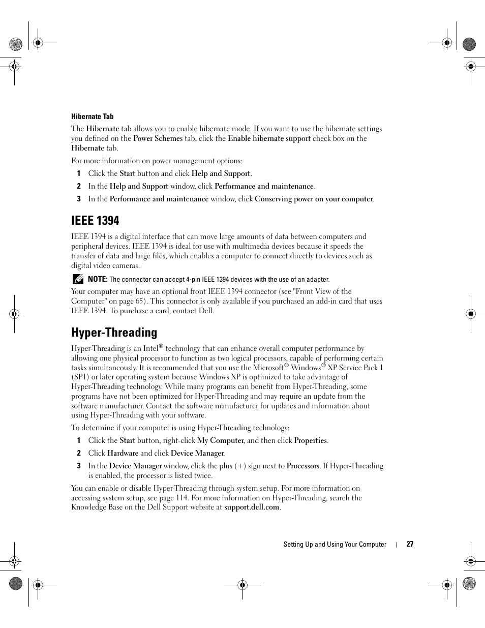 Ieee 1394, Hyper-threading | Dell XPS 400/Dimension 9150 User Manual | Page 27 / 148