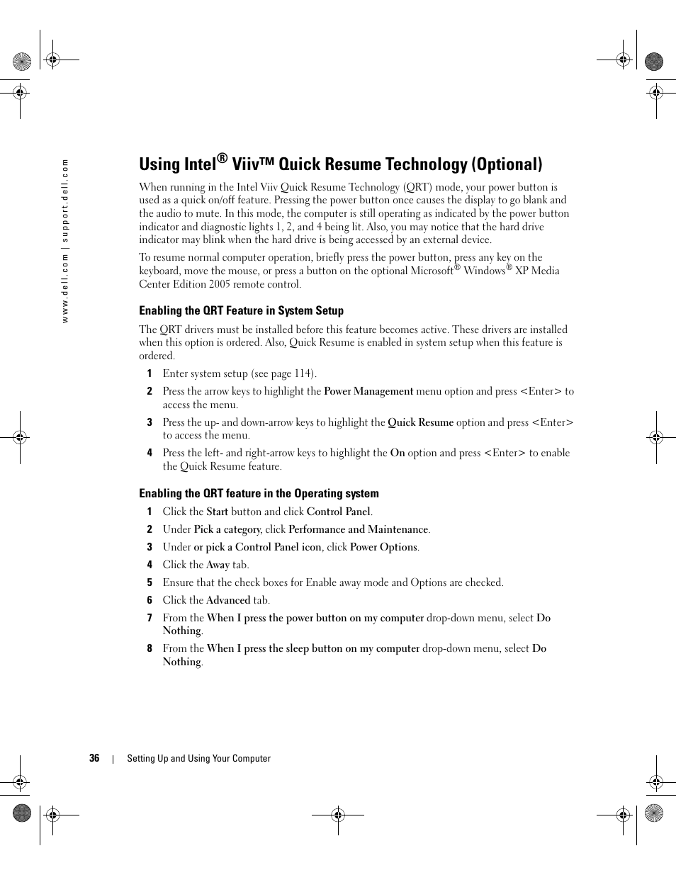 Enabling the qrt feature in system setup, Enabling the qrt feature in the operating system, Using intel | Viiv™ quick resume technology (optional) | Dell XPS 400/Dimension 9150 User Manual | Page 36 / 148