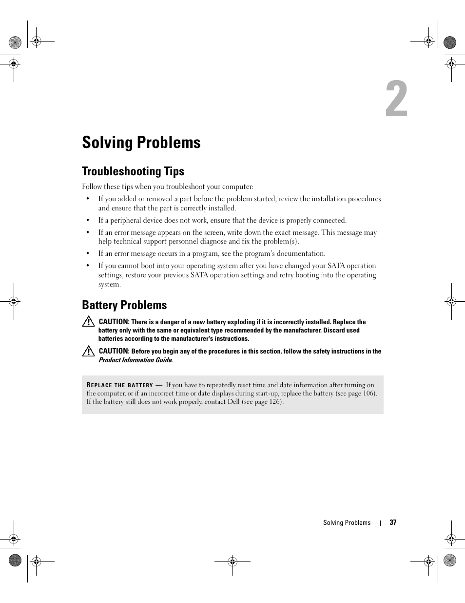 Solving problems, Troubleshooting tips, Battery problems | Dell XPS 400/Dimension 9150 User Manual | Page 37 / 148