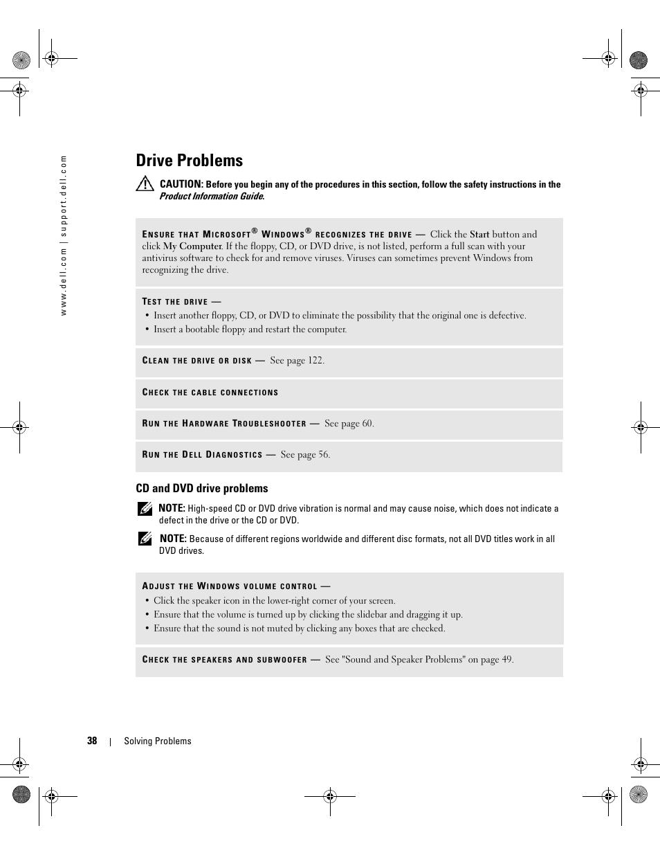 Drive problems, Cd and dvd drive problems | Dell XPS 400/Dimension 9150 User Manual | Page 38 / 148