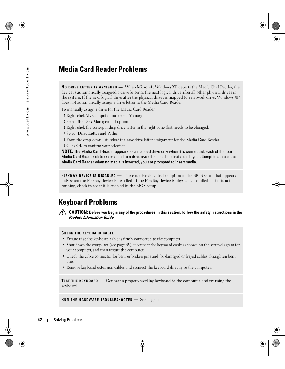 Media card reader problems, Keyboard problems, Media card reader problems keyboard problems | Dell XPS 400/Dimension 9150 User Manual | Page 42 / 148