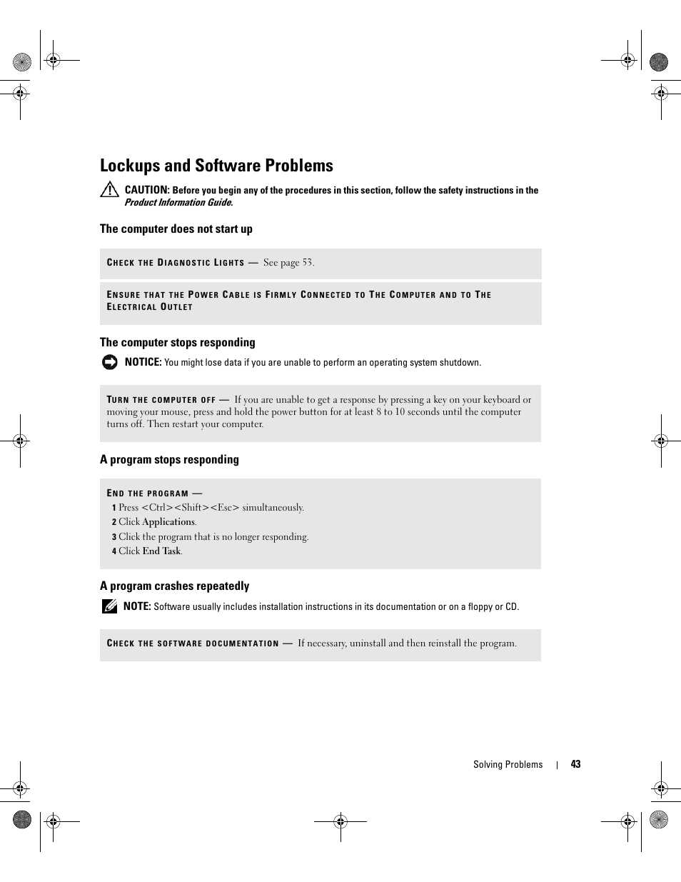 Lockups and software problems, The computer does not start up, The computer stops responding | A program stops responding, A program crashes repeatedly | Dell XPS 400/Dimension 9150 User Manual | Page 43 / 148