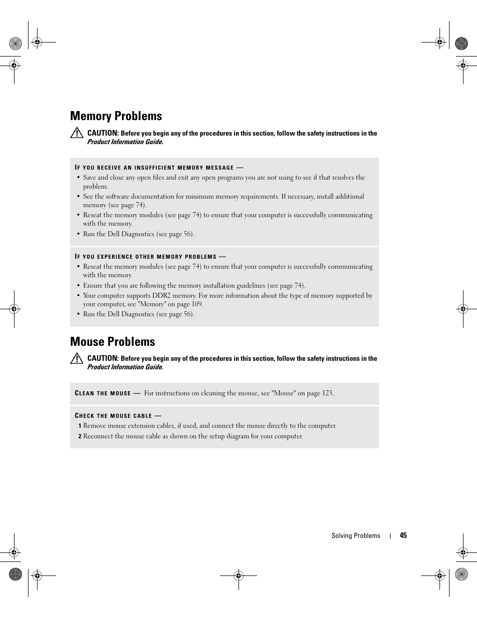 Memory problems, Mouse problems | Dell XPS 400/Dimension 9150 User Manual | Page 45 / 148