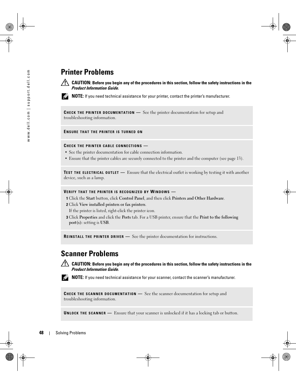 Printer problems, Scanner problems | Dell XPS 400/Dimension 9150 User Manual | Page 48 / 148