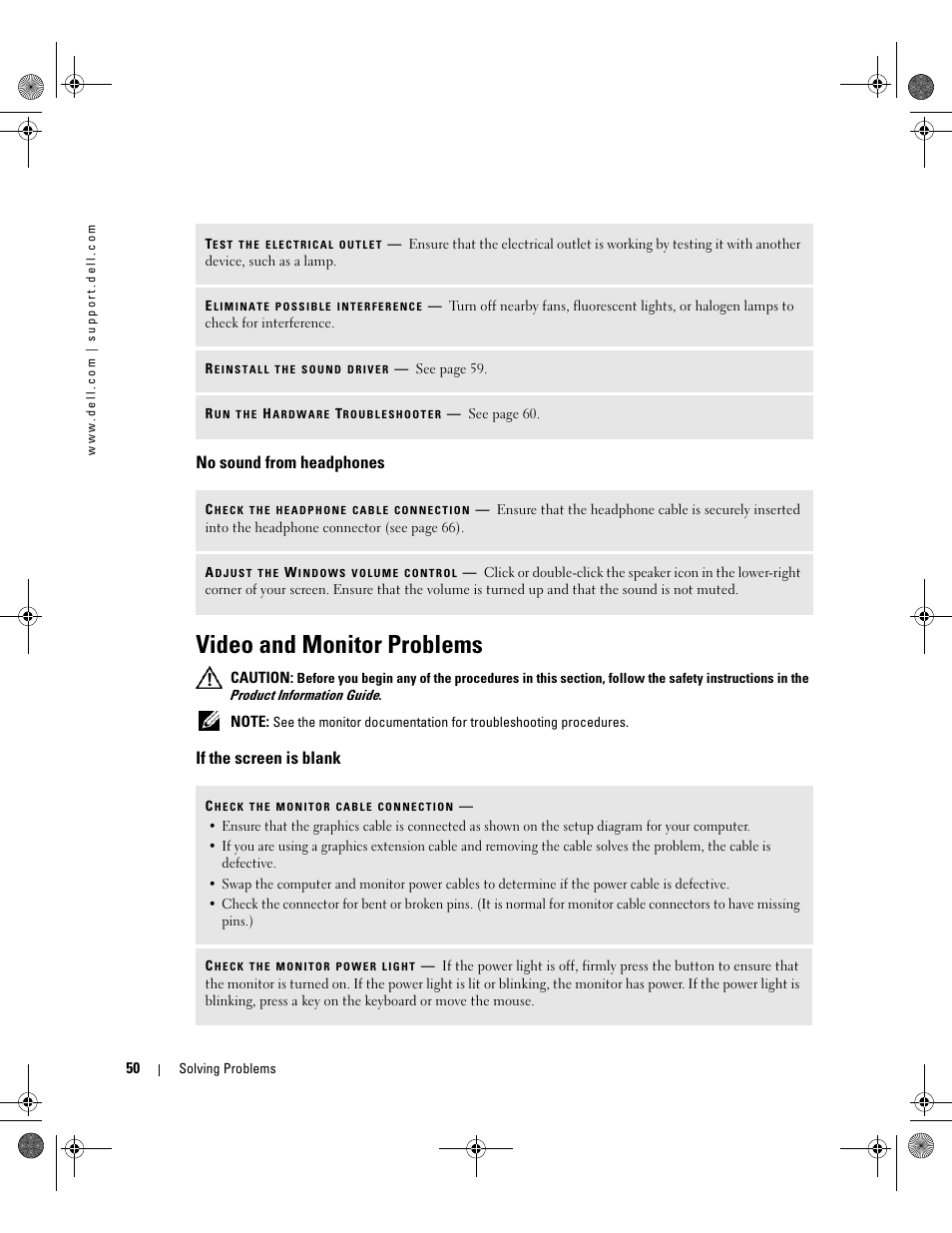 No sound from headphones, Video and monitor problems, If the screen is blank | Dell XPS 400/Dimension 9150 User Manual | Page 50 / 148