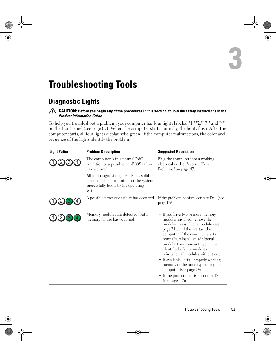 Troubleshooting tools, Diagnostic lights | Dell XPS 400/Dimension 9150 User Manual | Page 53 / 148