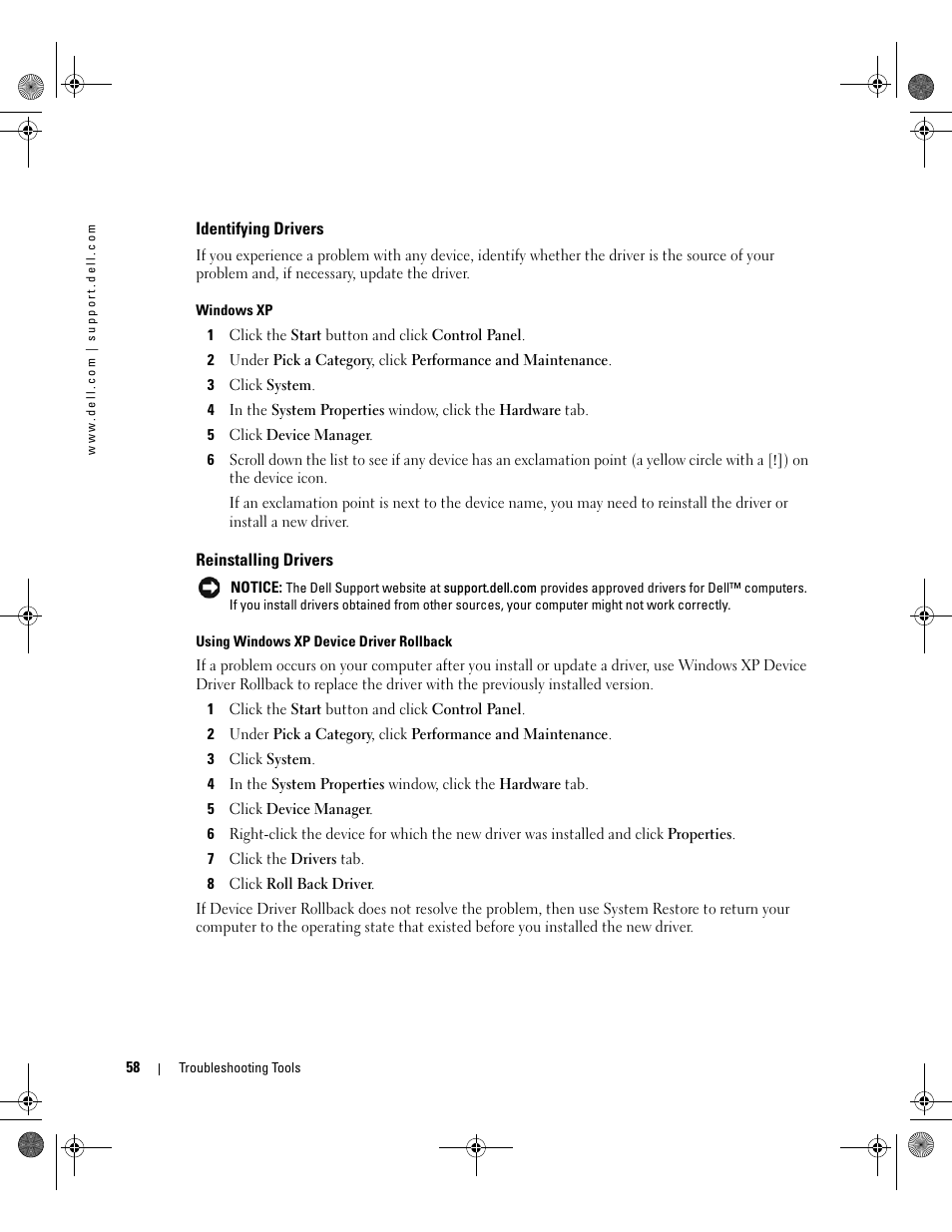 Identifying drivers, Reinstalling drivers | Dell XPS 400/Dimension 9150 User Manual | Page 58 / 148