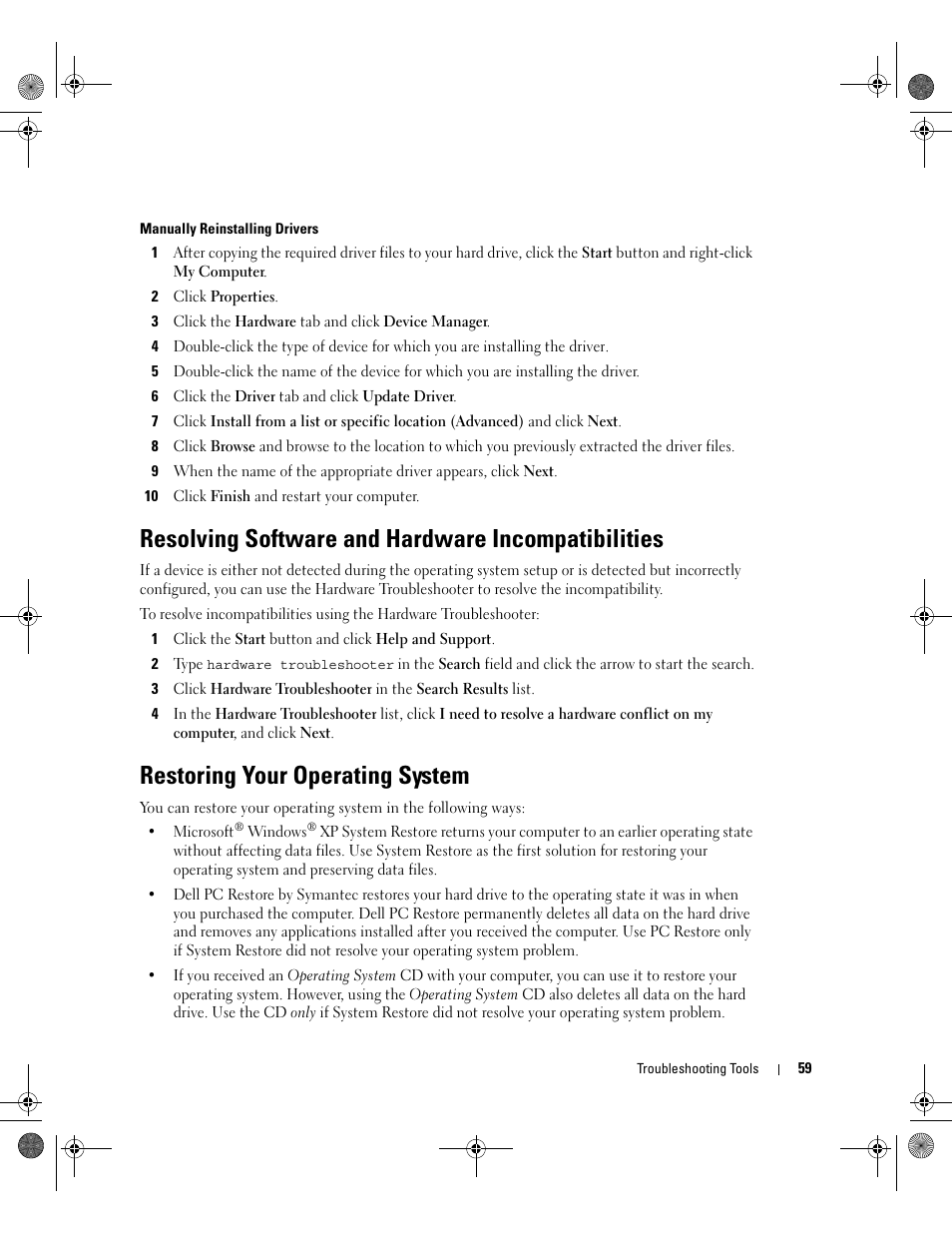Resolving software and hardware incompatibilities, Restoring your operating system | Dell XPS 400/Dimension 9150 User Manual | Page 59 / 148