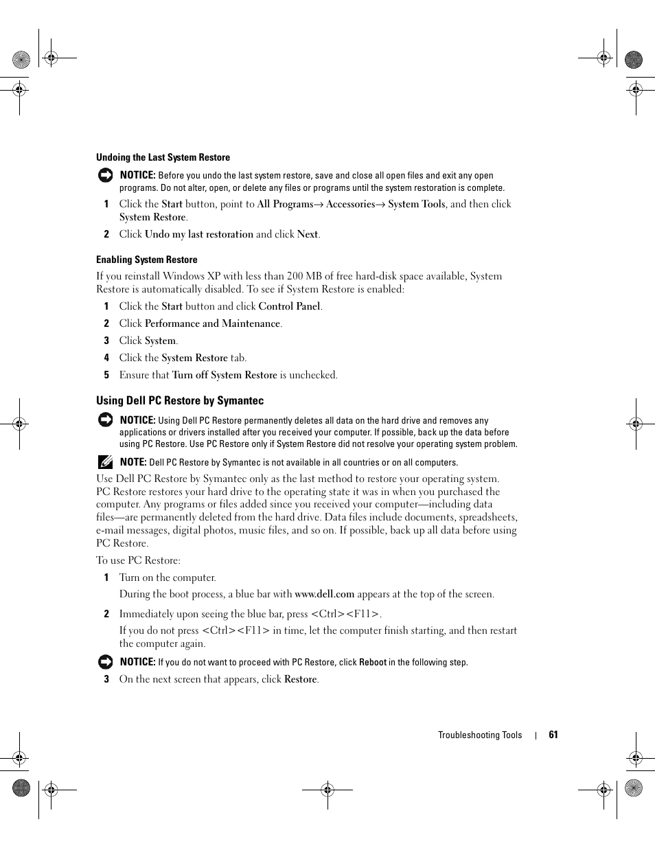 Using dell pc restore by symantec | Dell XPS 400/Dimension 9150 User Manual | Page 61 / 148