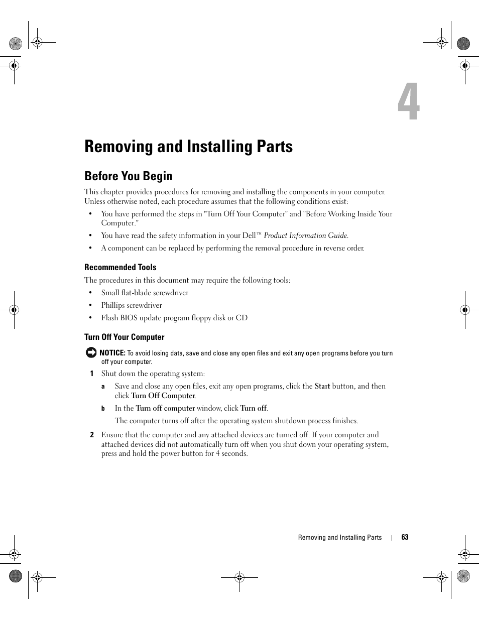 Removing and installing parts, Before you begin, Recommended tools | Turn off your computer | Dell XPS 400/Dimension 9150 User Manual | Page 63 / 148