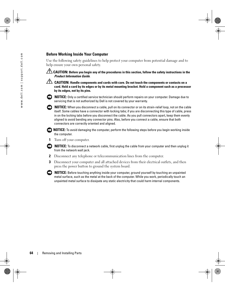 Before working inside your computer | Dell XPS 400/Dimension 9150 User Manual | Page 64 / 148