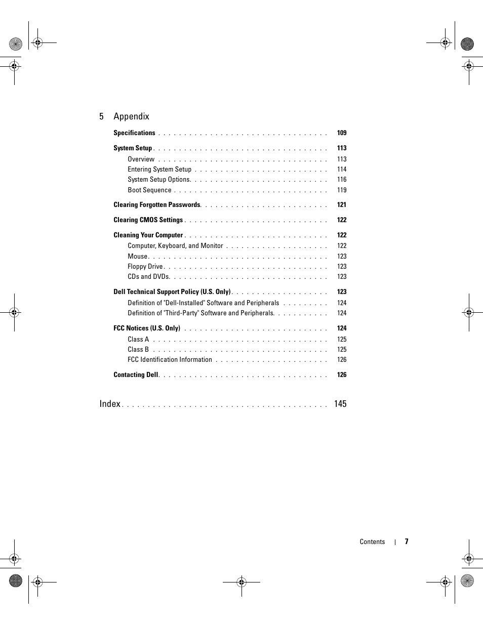 5appendix, Index | Dell XPS 400/Dimension 9150 User Manual | Page 7 / 148