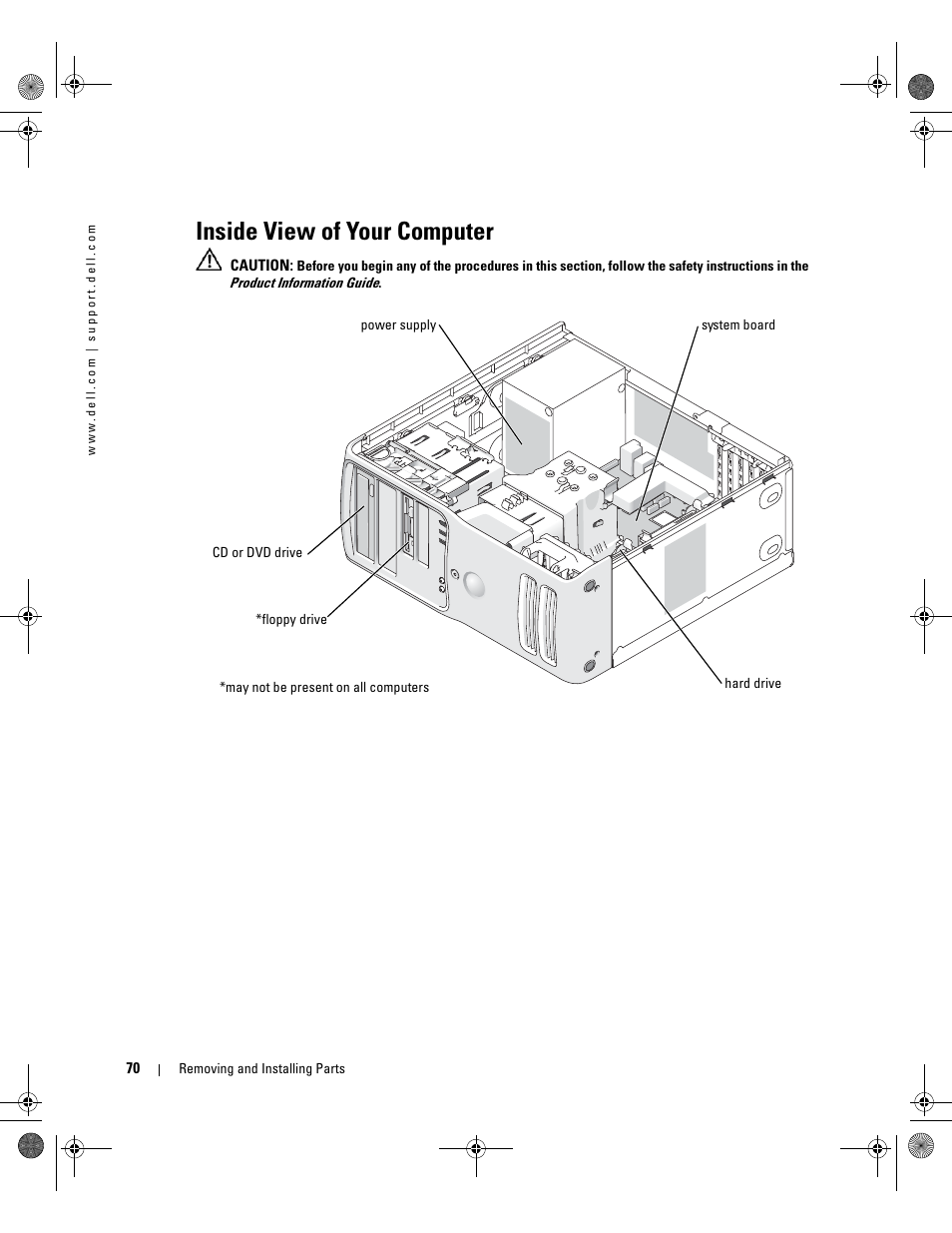 Inside view of your computer | Dell XPS 400/Dimension 9150 User Manual | Page 70 / 148