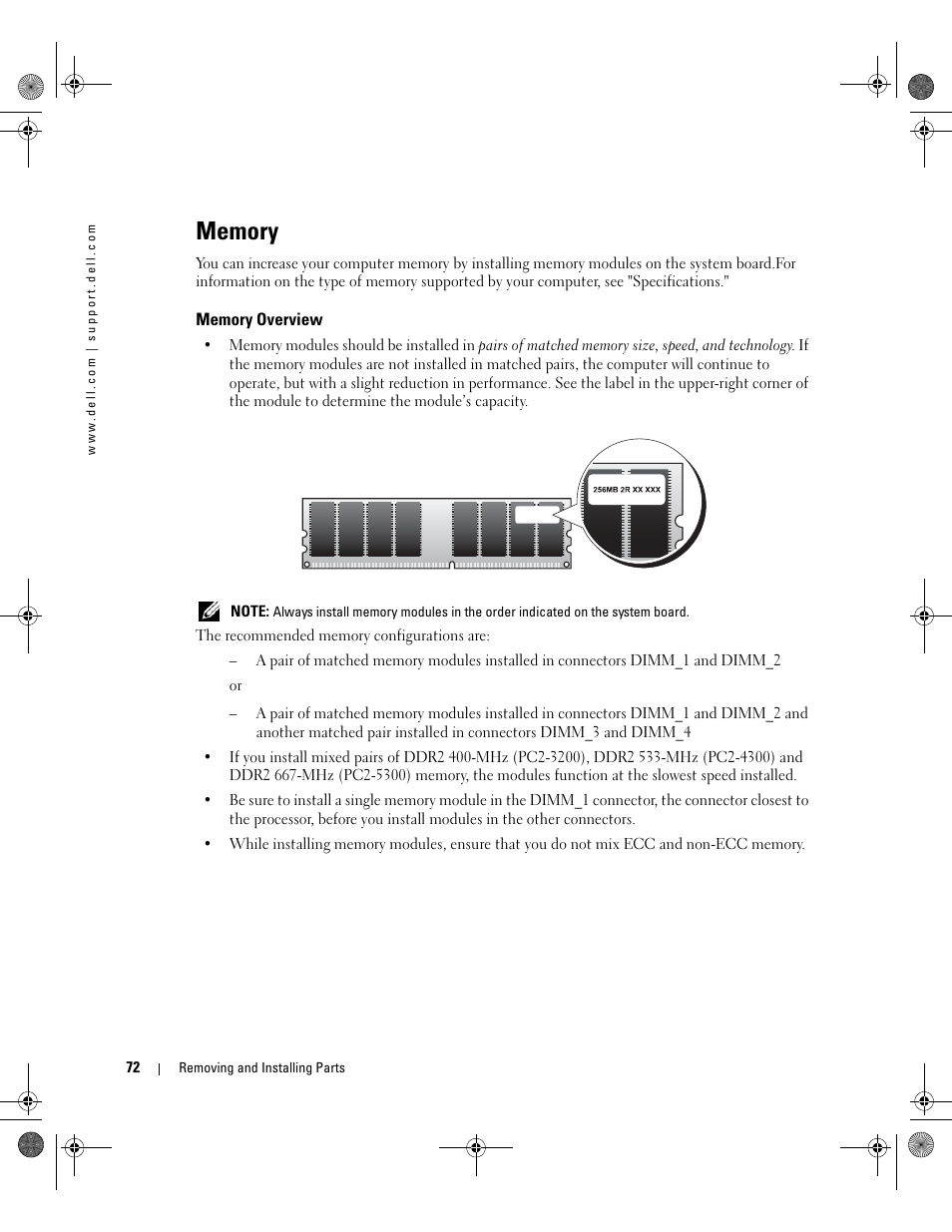Memory, Memory overview | Dell XPS 400/Dimension 9150 User Manual | Page 72 / 148