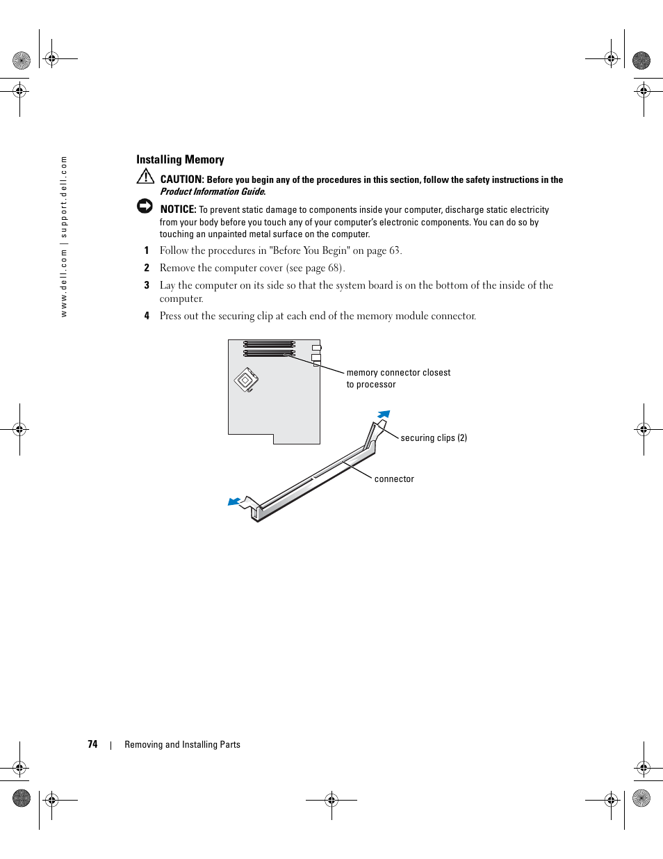 Installing memory | Dell XPS 400/Dimension 9150 User Manual | Page 74 / 148