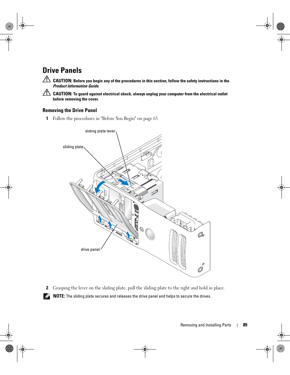 Drive panels, Removing the drive panel | Dell XPS 400/Dimension 9150 User Manual | Page 89 / 148