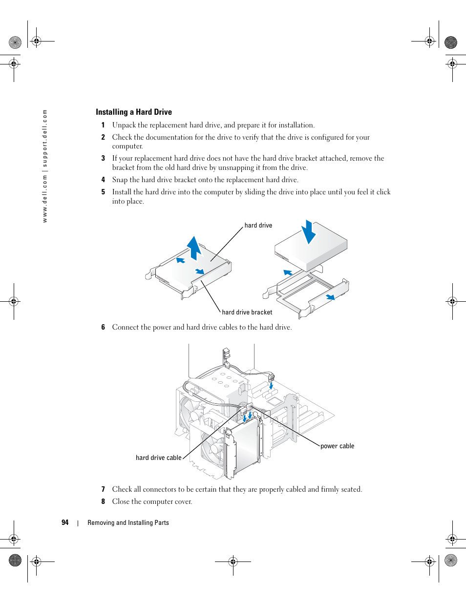 Installing a hard drive | Dell XPS 400/Dimension 9150 User Manual | Page 94 / 148