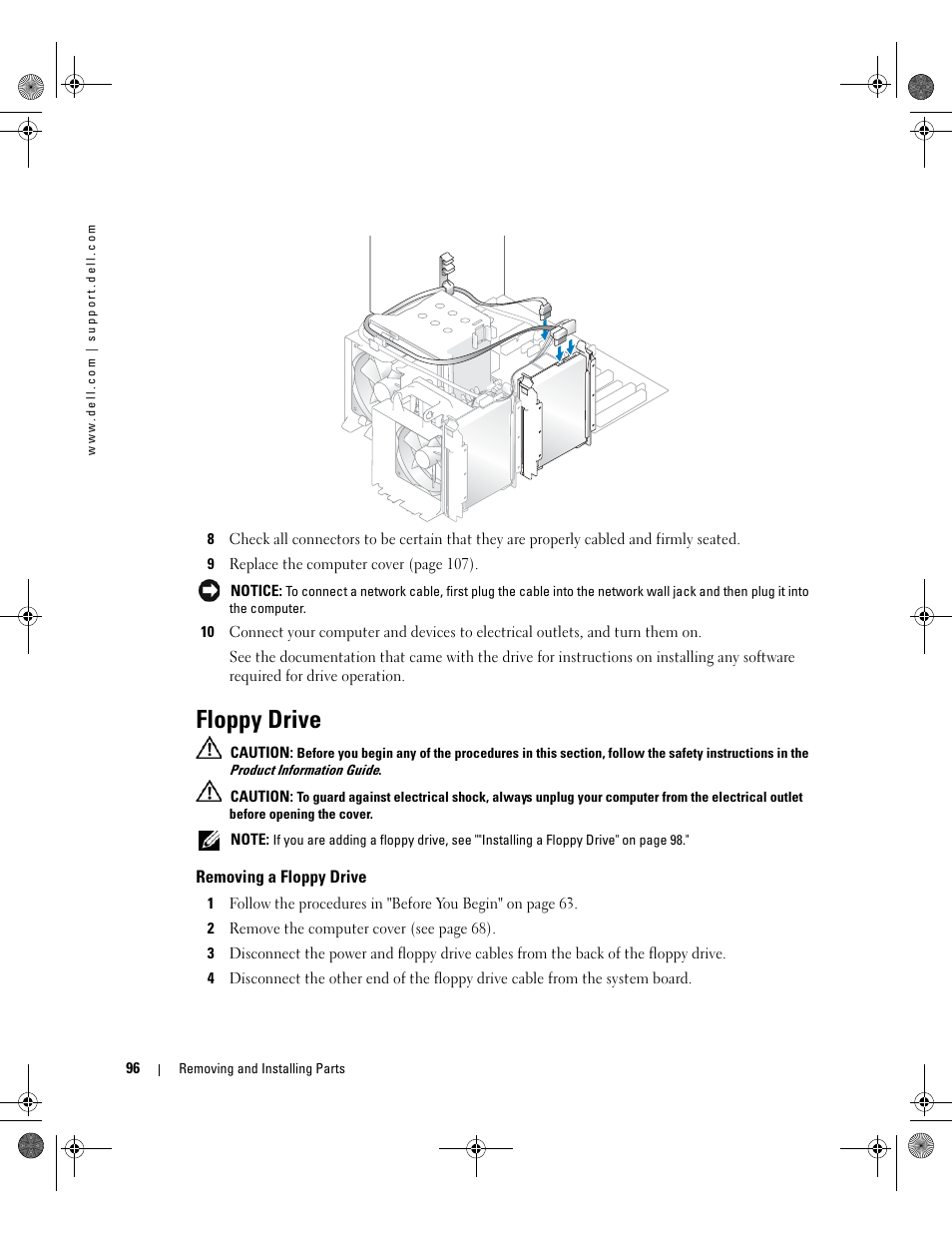 Floppy drive, Removing a floppy drive | Dell XPS 400/Dimension 9150 User Manual | Page 96 / 148