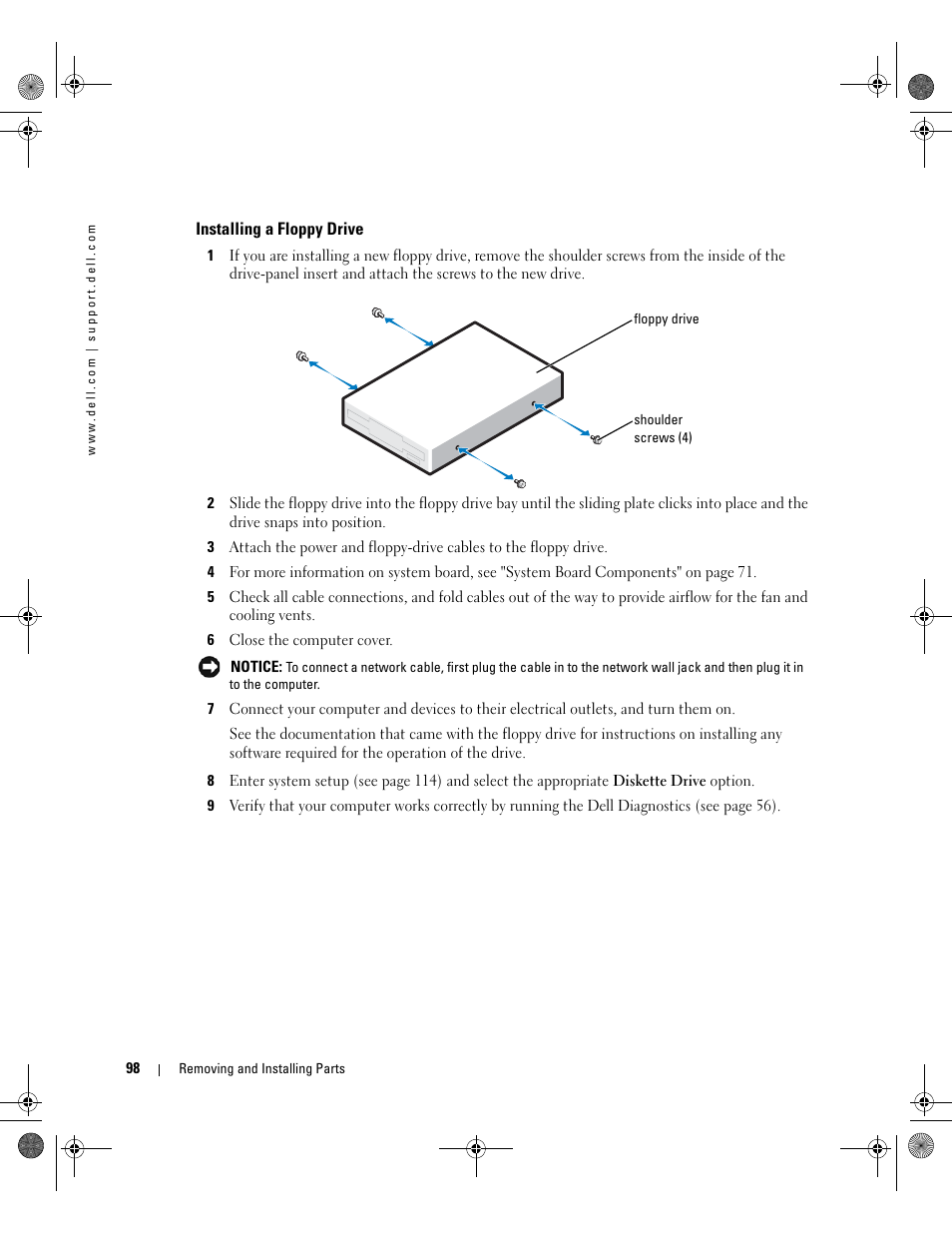 Installing a floppy drive | Dell XPS 400/Dimension 9150 User Manual | Page 98 / 148