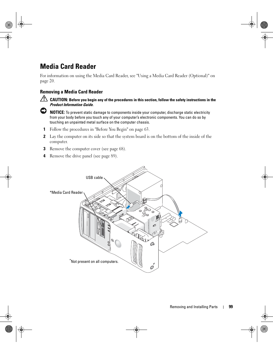 Media card reader, Removing a media card reader | Dell XPS 400/Dimension 9150 User Manual | Page 99 / 148
