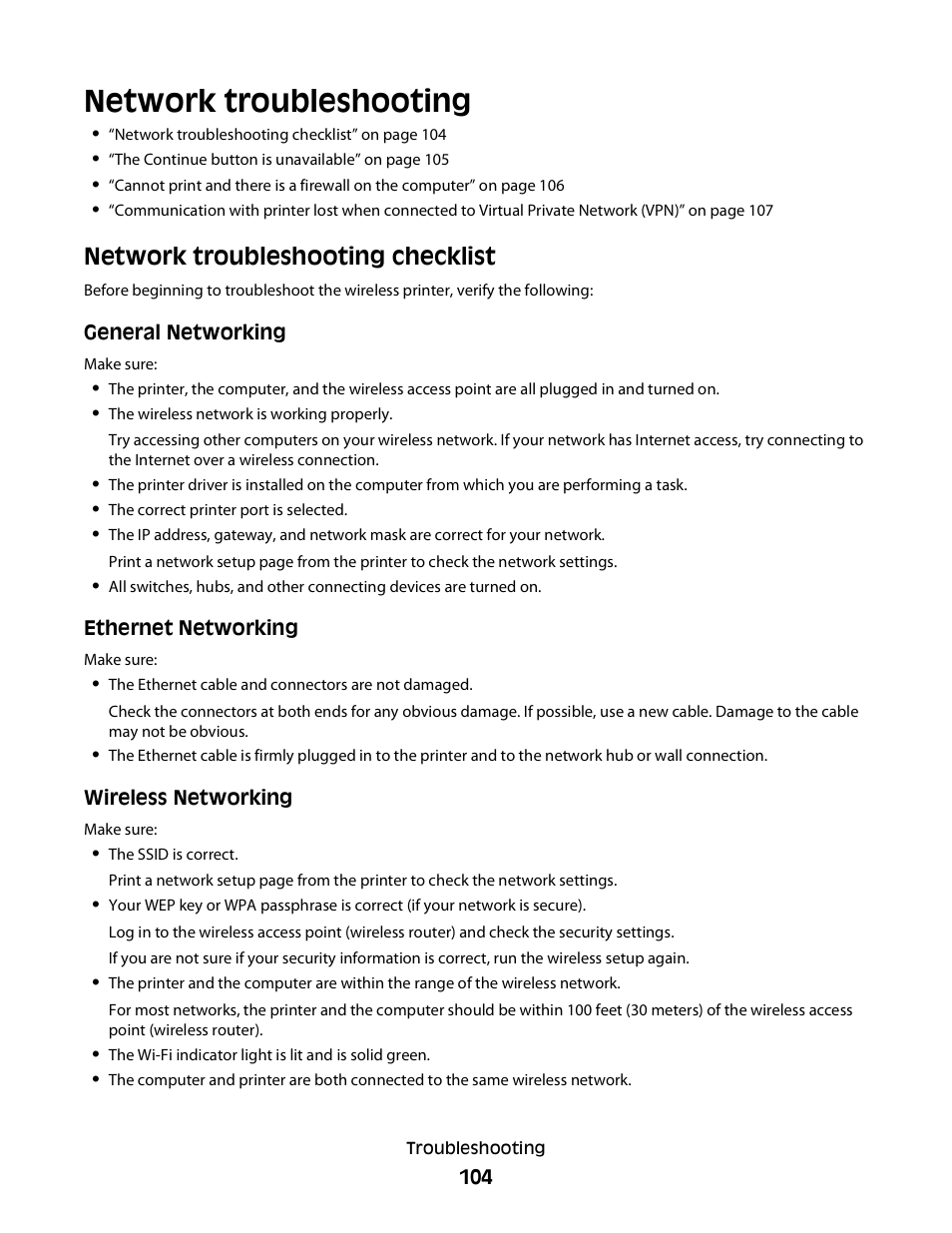 Network troubleshooting, Network troubleshooting checklist | Dell P713w All In One Photo Printer User Manual | Page 104 / 125