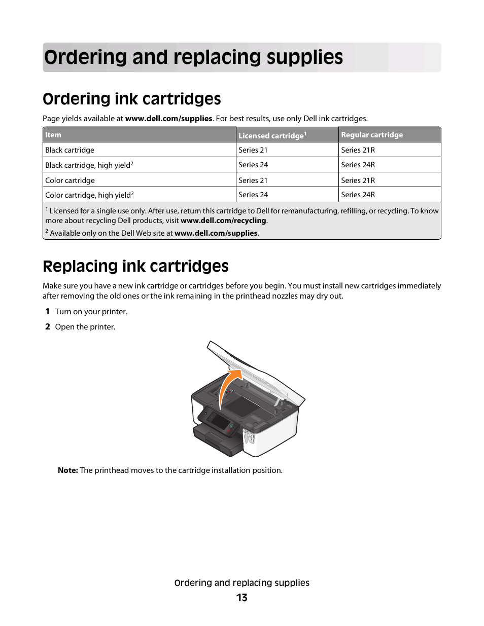 Ordering and replacing supplies, Ordering ink cartridges, Replacing ink cartridges | Dell P713w All In One Photo Printer User Manual | Page 13 / 125