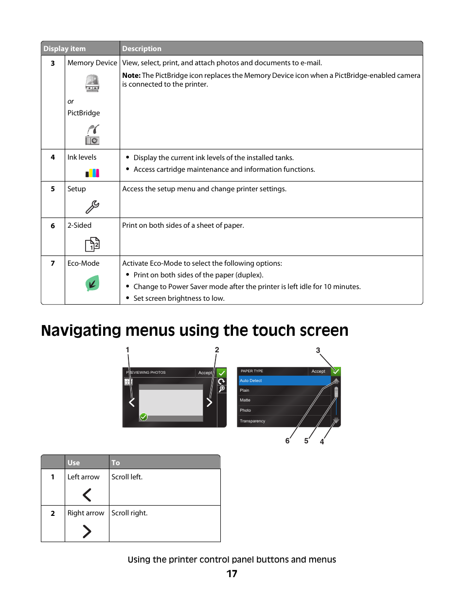 Navigating menus using the touch screen | Dell P713w All In One Photo Printer User Manual | Page 17 / 125