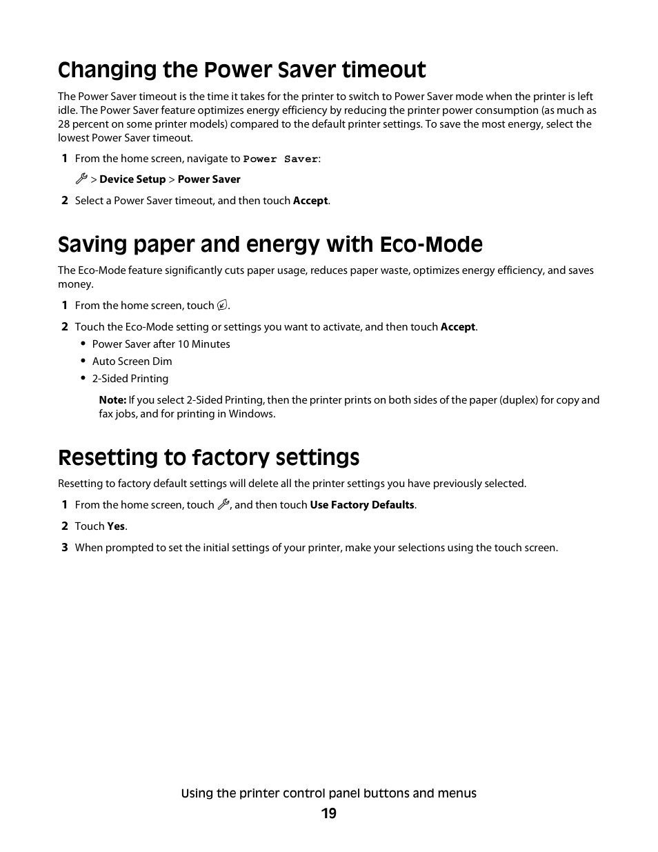 Changing the power saver timeout, Saving paper and energy with eco-mode, Resetting to factory settings | Dell P713w All In One Photo Printer User Manual | Page 19 / 125