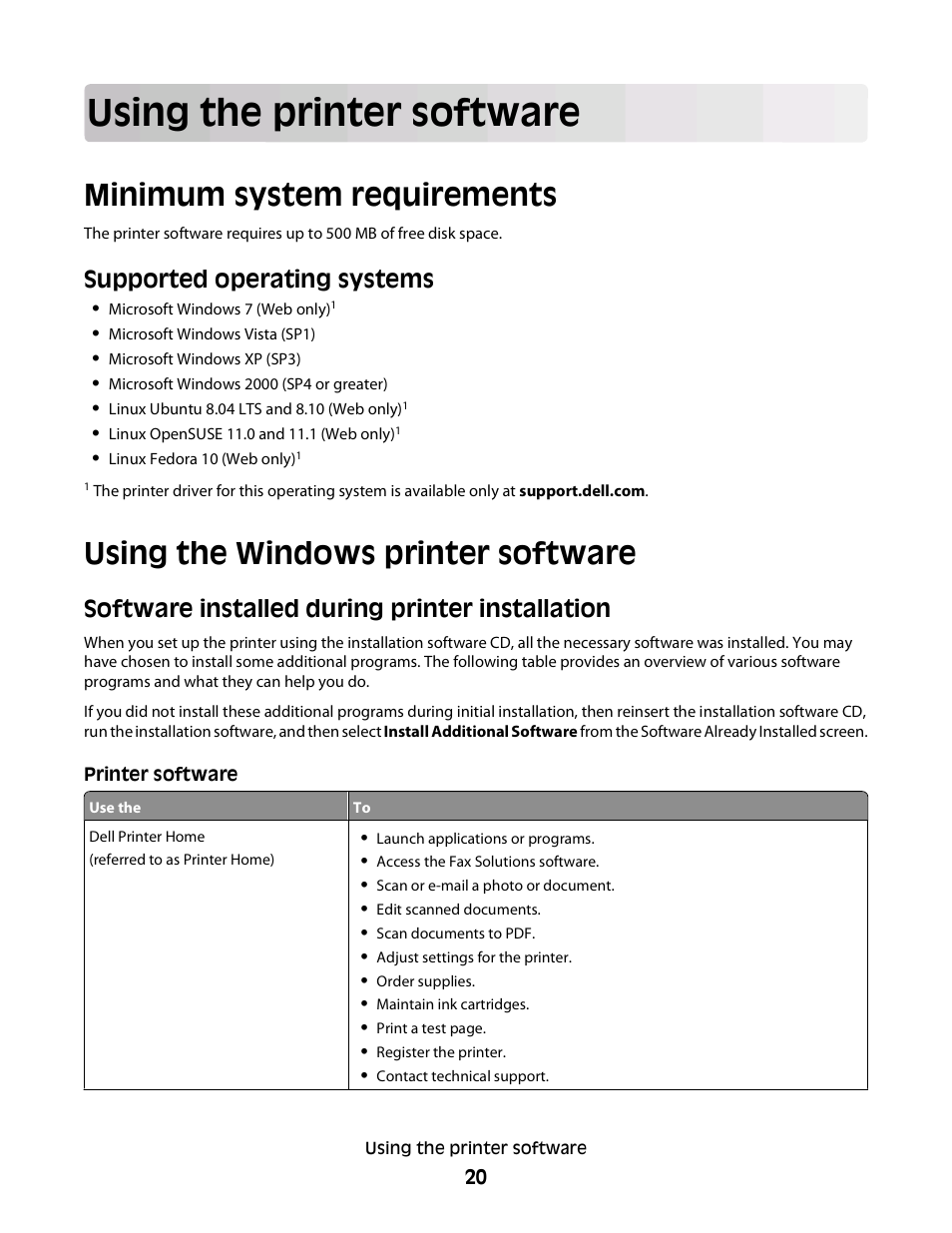 Using the printer software, Minimum system requirements, Using the windows printer software | Supported operating systems, Software installed during printer installation | Dell P713w All In One Photo Printer User Manual | Page 20 / 125