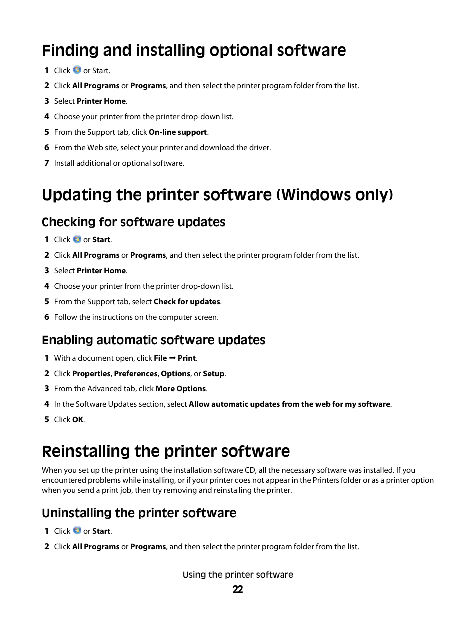 Finding and installing optional software, Updating the printer software (windows only), Reinstalling the printer software | Uninstalling the printer software, Checking for software updates, Enabling automatic software updates | Dell P713w All In One Photo Printer User Manual | Page 22 / 125