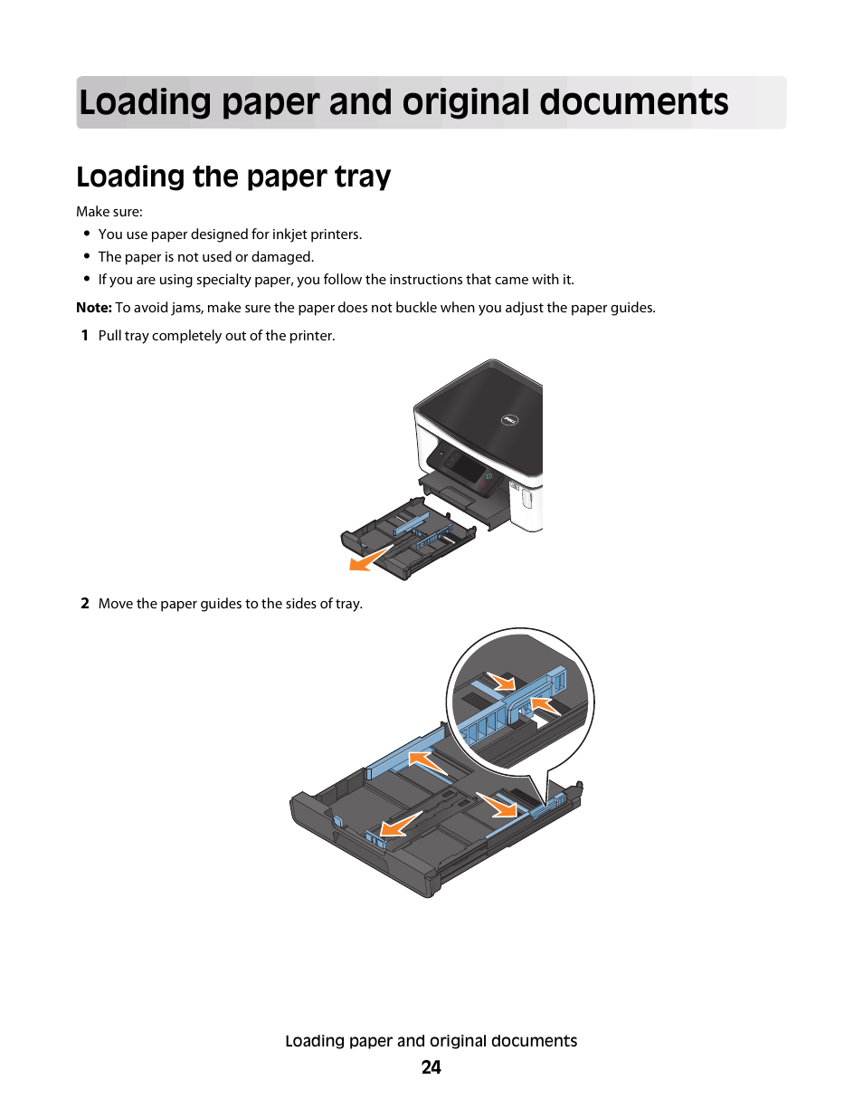 Loading paper and original documents, Loading the paper tray | Dell P713w All In One Photo Printer User Manual | Page 24 / 125