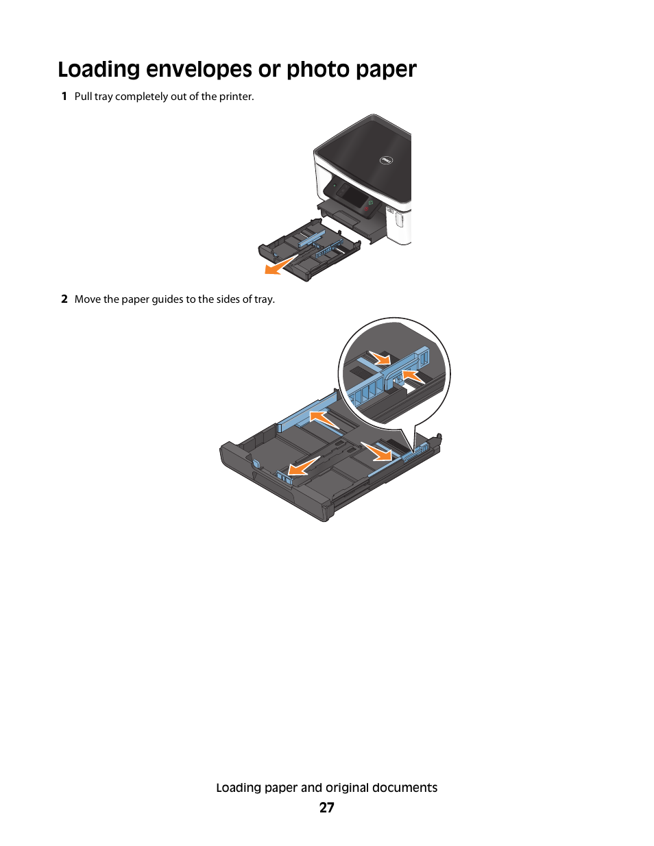 Loading envelopes or photo paper | Dell P713w All In One Photo Printer User Manual | Page 27 / 125