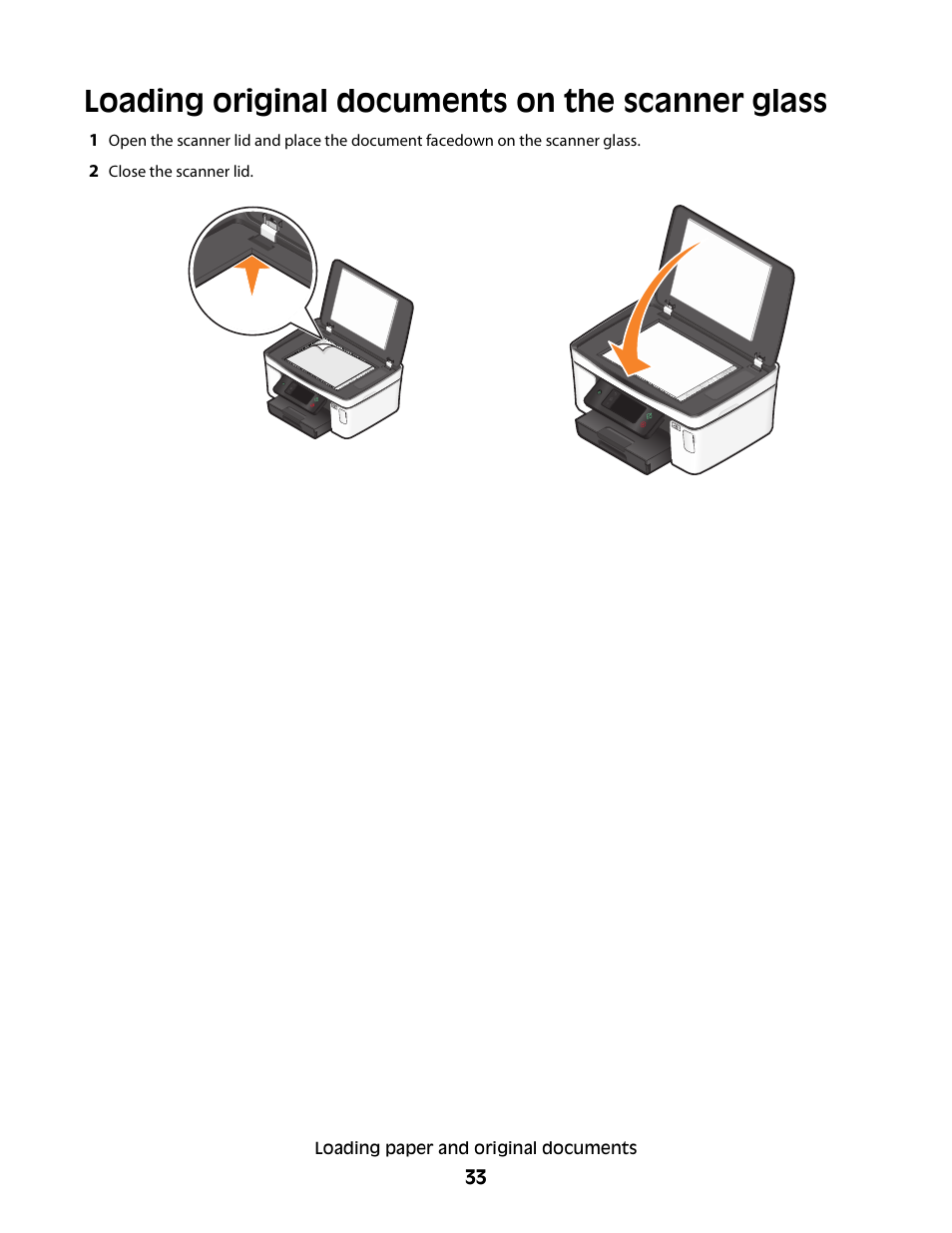 Loading original documents on the scanner glass | Dell P713w All In One Photo Printer User Manual | Page 33 / 125