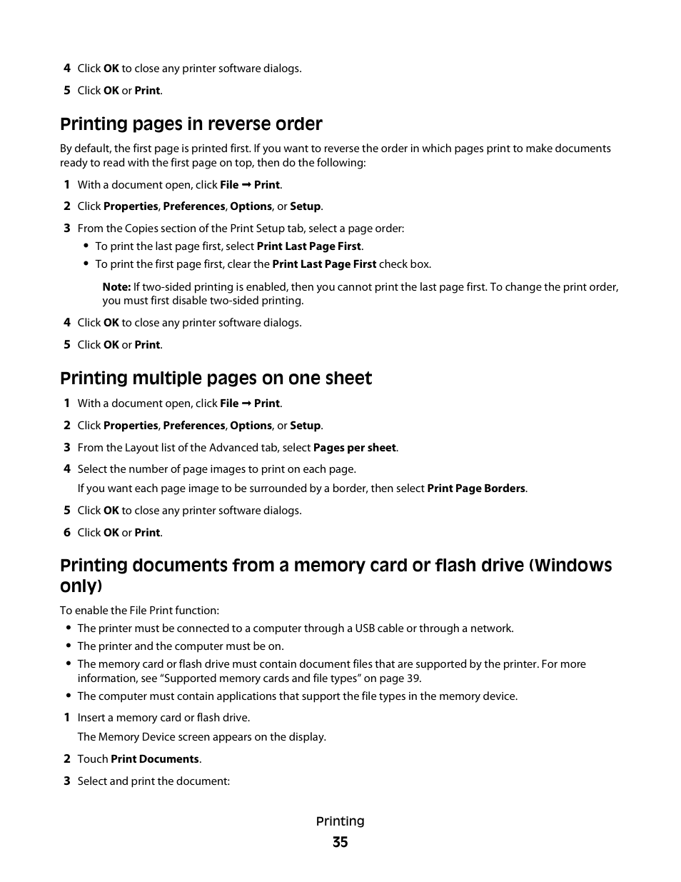 Printing pages in reverse order, Printing multiple pages on one sheet | Dell P713w All In One Photo Printer User Manual | Page 35 / 125