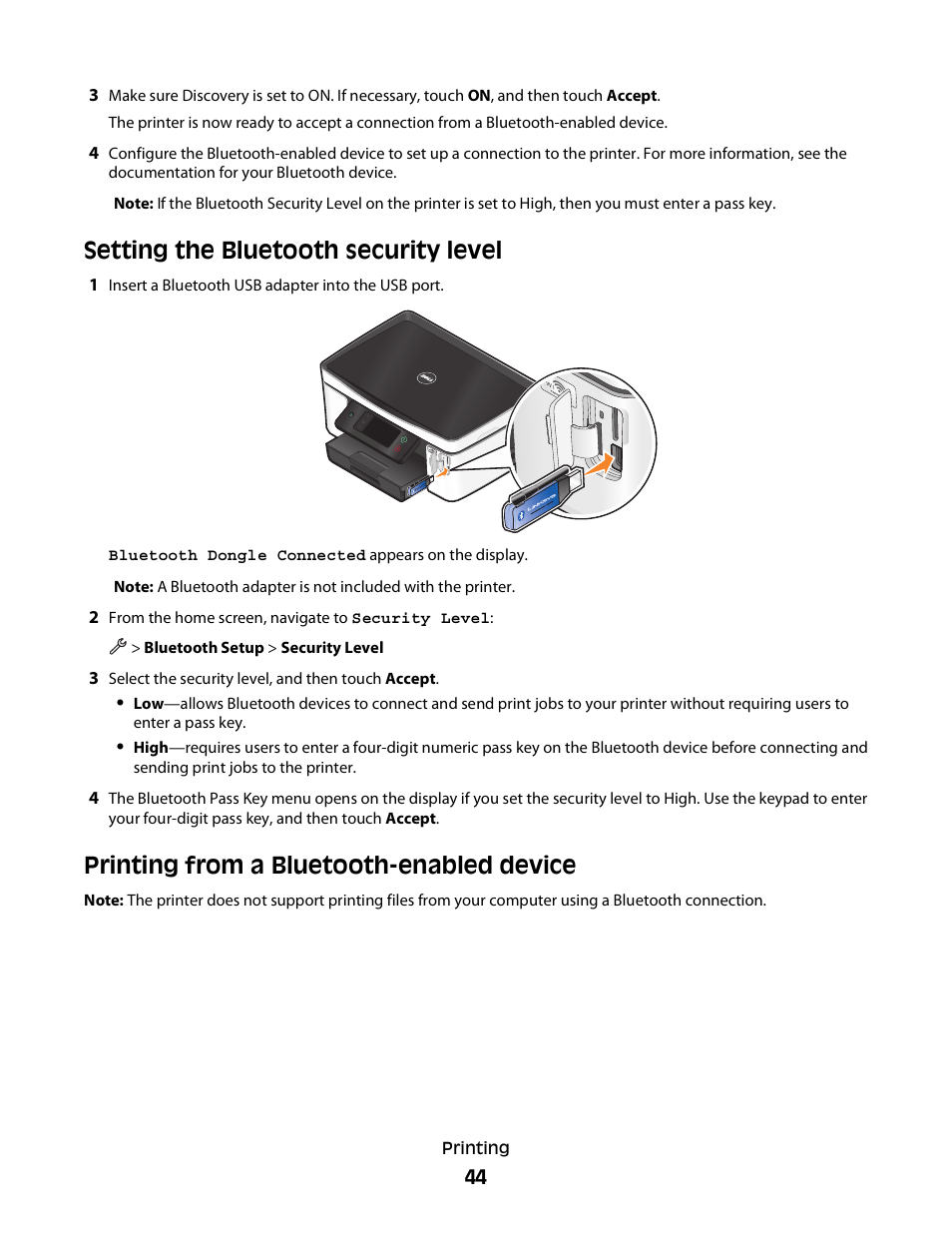 Setting the bluetooth security level, Printing from a bluetooth-enabled device | Dell P713w All In One Photo Printer User Manual | Page 44 / 125