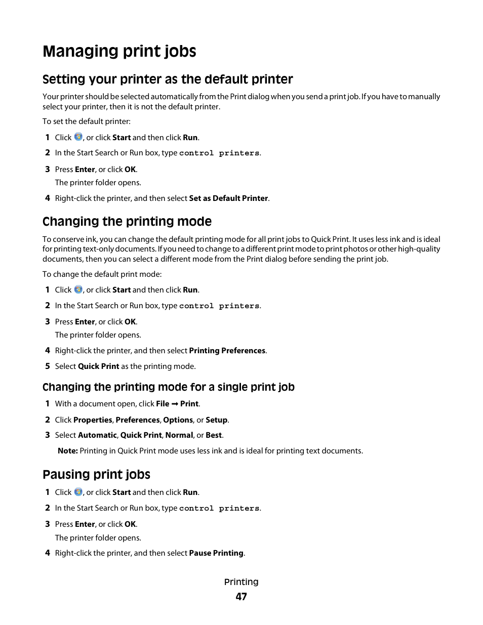 Managing print jobs, Setting your printer as the default printer, Changing the printing mode | Pausing print jobs | Dell P713w All In One Photo Printer User Manual | Page 47 / 125