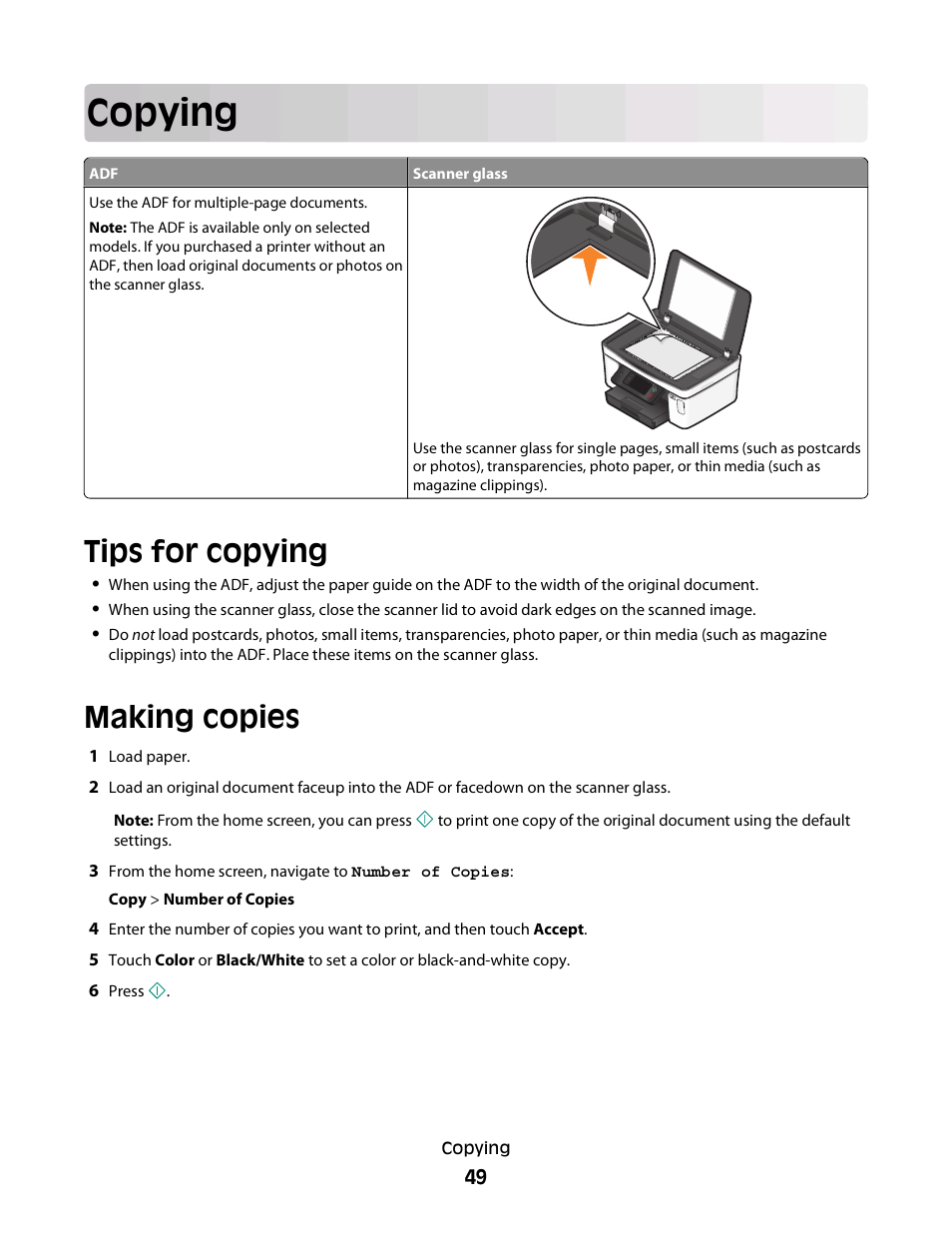 Copying, Tips for copying, Making copies | Dell P713w All In One Photo Printer User Manual | Page 49 / 125