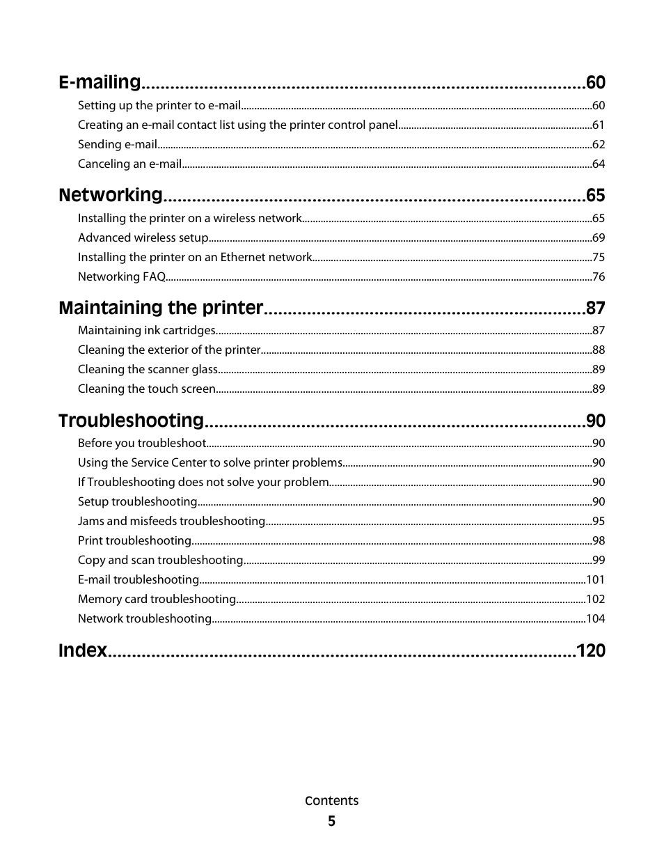 E-mailing, Networking, Maintaining the printer | Troubleshooting, Index | Dell P713w All In One Photo Printer User Manual | Page 5 / 125