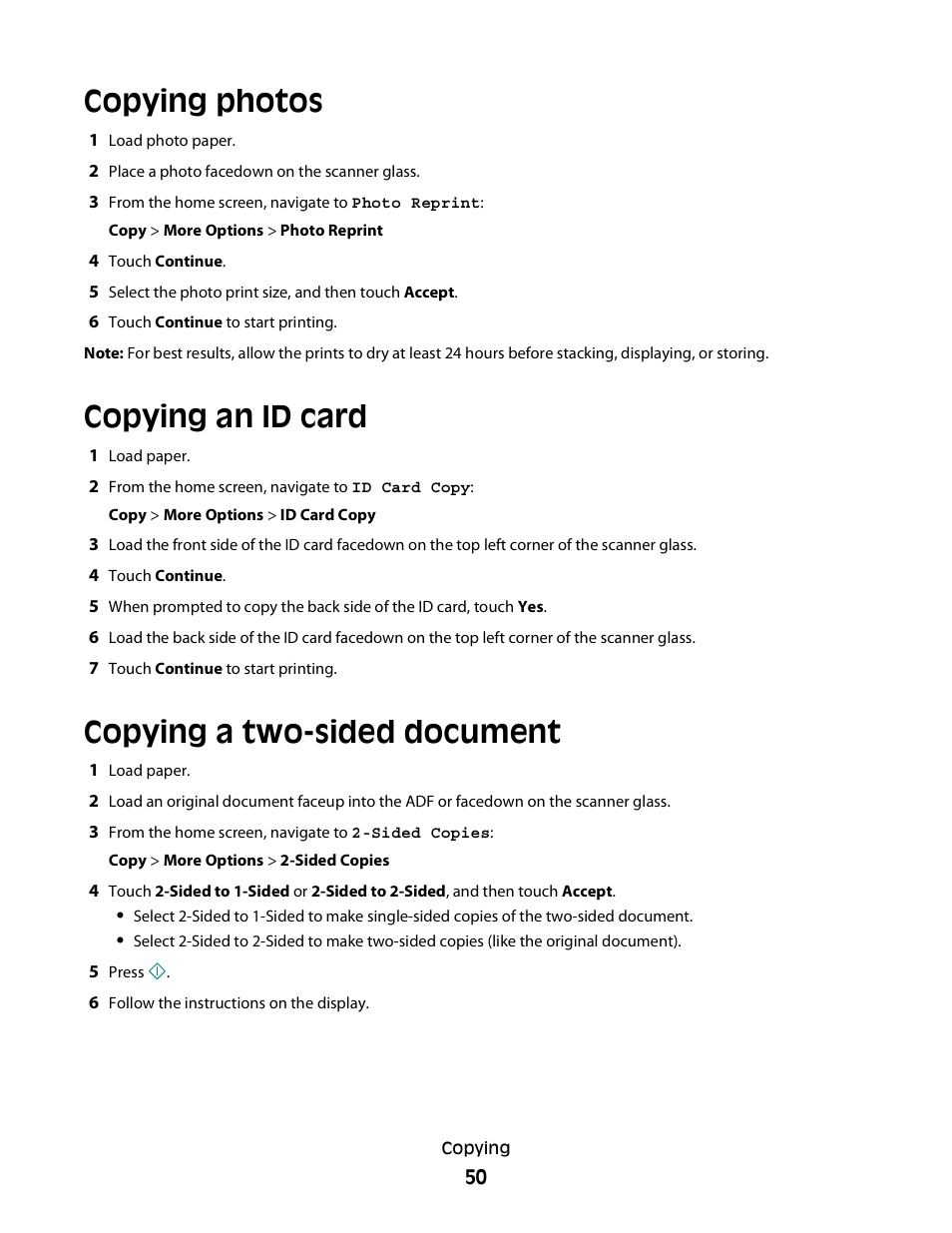 Copying photos, Copying an id card, Copying a two-sided document | Dell P713w All In One Photo Printer User Manual | Page 50 / 125