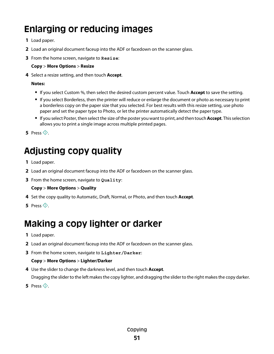 Enlarging or reducing images, Adjusting copy quality, Making a copy lighter or darker | Dell P713w All In One Photo Printer User Manual | Page 51 / 125