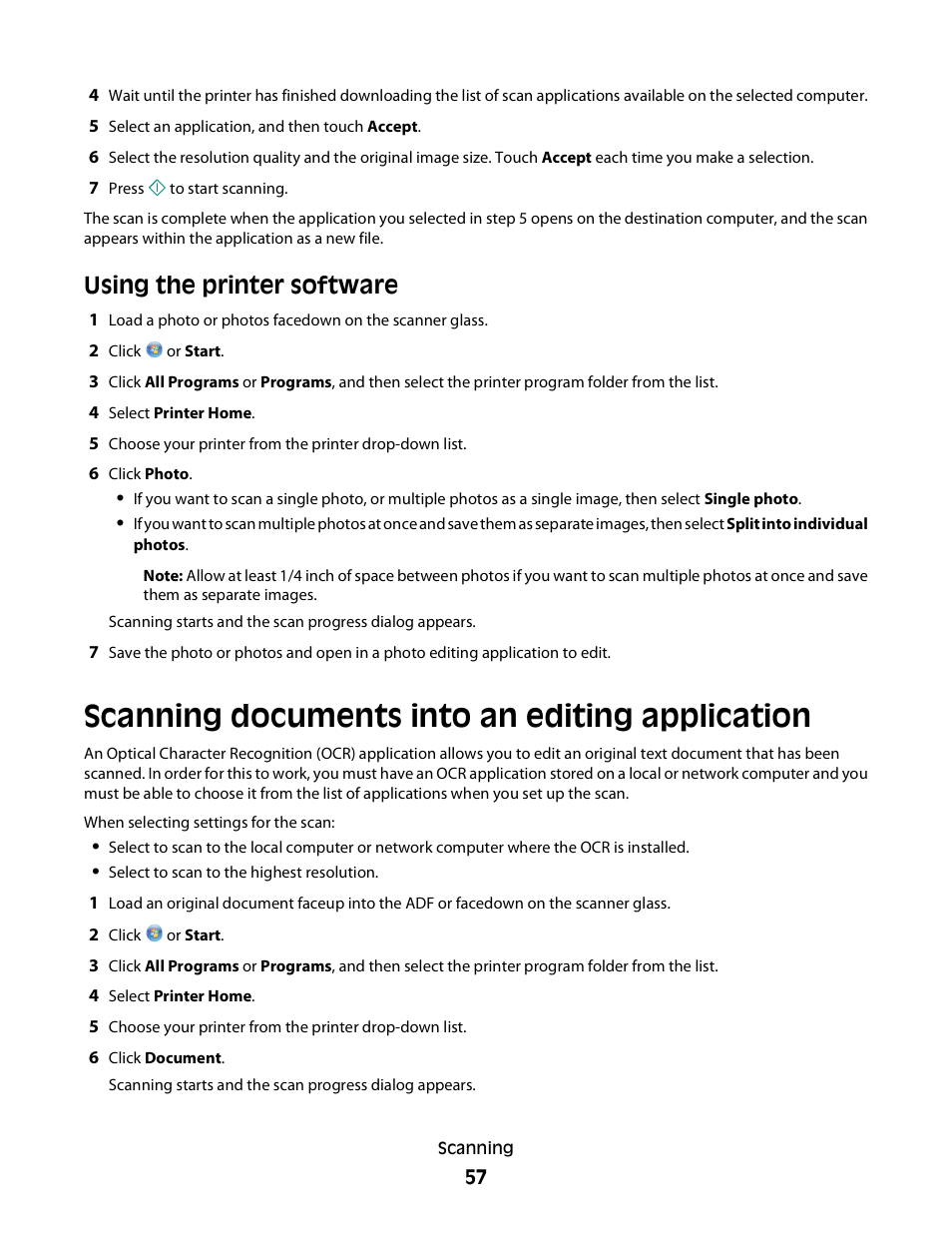 Scanning documents into an editing application, Using the printer software | Dell P713w All In One Photo Printer User Manual | Page 57 / 125