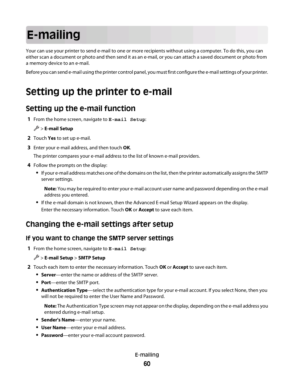 E-mailing, Setting up the printer to e-mail, Setting up the e-mail function | Changing the e-mail settings after setup | Dell P713w All In One Photo Printer User Manual | Page 60 / 125